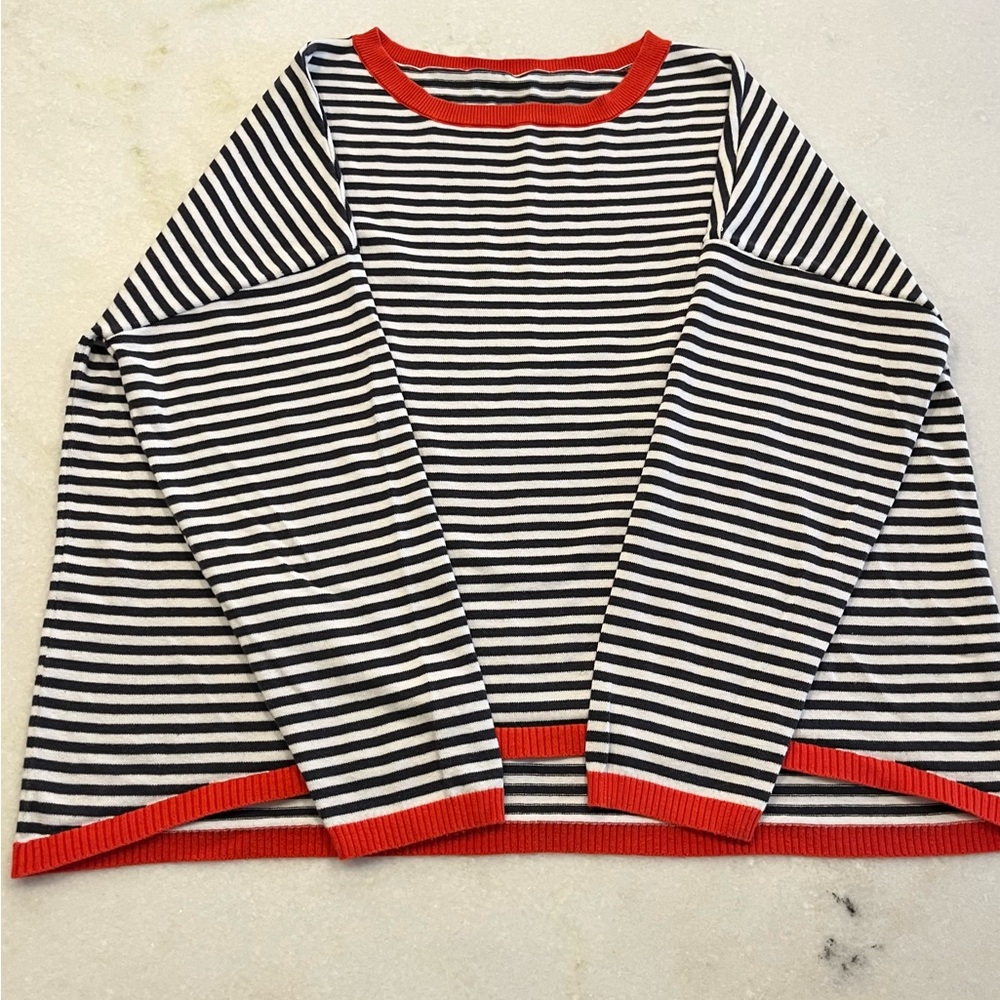 Striped Navy and White Sweater with Orange Accents 100% cotton
